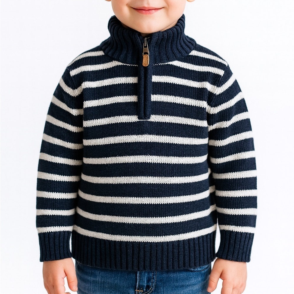 H & M Boys Navy & White Strip Mock Neck Half Zip Sweater (1073)